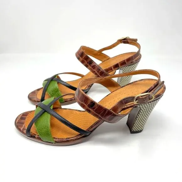 Chie MiharaHeel Sandals Leather Strappy Brown Green B&W Checkered Heel 41 /11